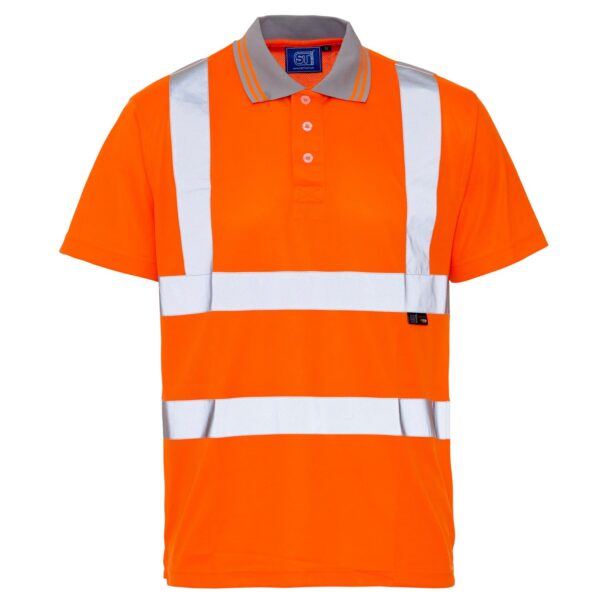 High visibility orange polo shirt with silver reflective tape for site safety